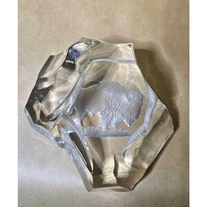 Etched Glass Bison Paperweight • Heavy Lead Crystal Style • Buffalo Figurine 4"